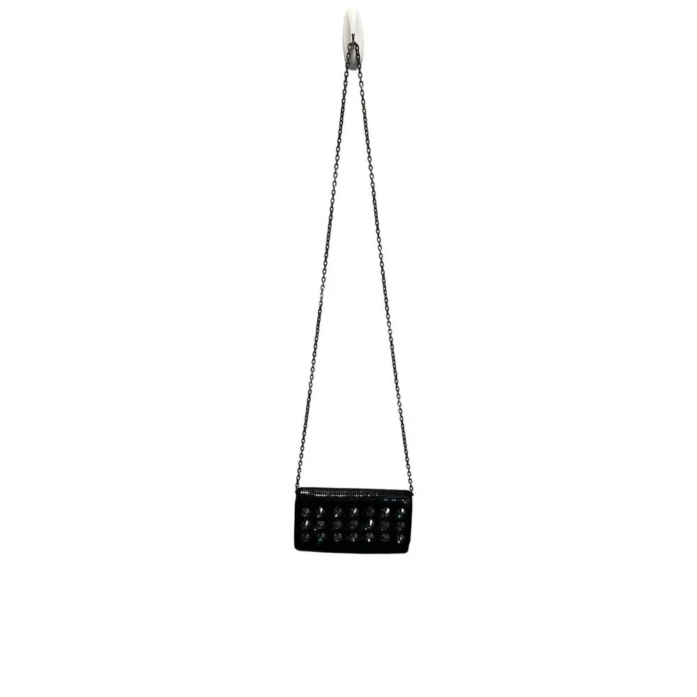 Whiting & Davis Black Rhinestone Evening Chain Clutch Metal Mesh Satin Interior